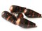 5 28mm Vintage Painted Peruvian Clay Beads - Brown Copper and Black Patterned Teardrop Beads